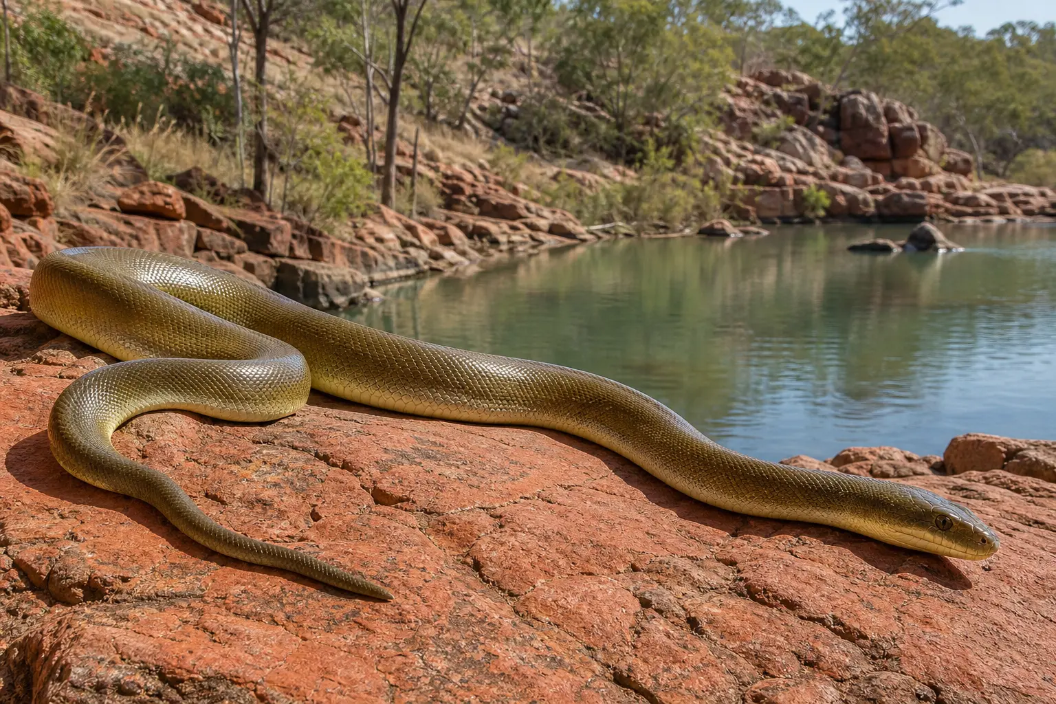 Adult olive python beside an Australian red-rock waterhole with its complete muscular olive-brown body and broad head in clear view.