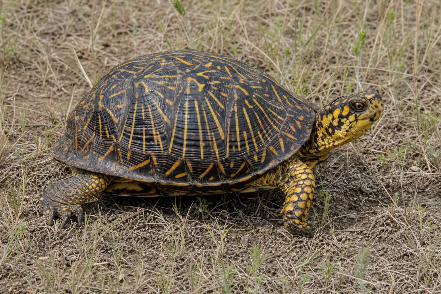 Adult ornate box turtle on prairie ground with its complete rounded dark shell covered in fine yellow radiating lines, spotted head, and patterned legs in view.