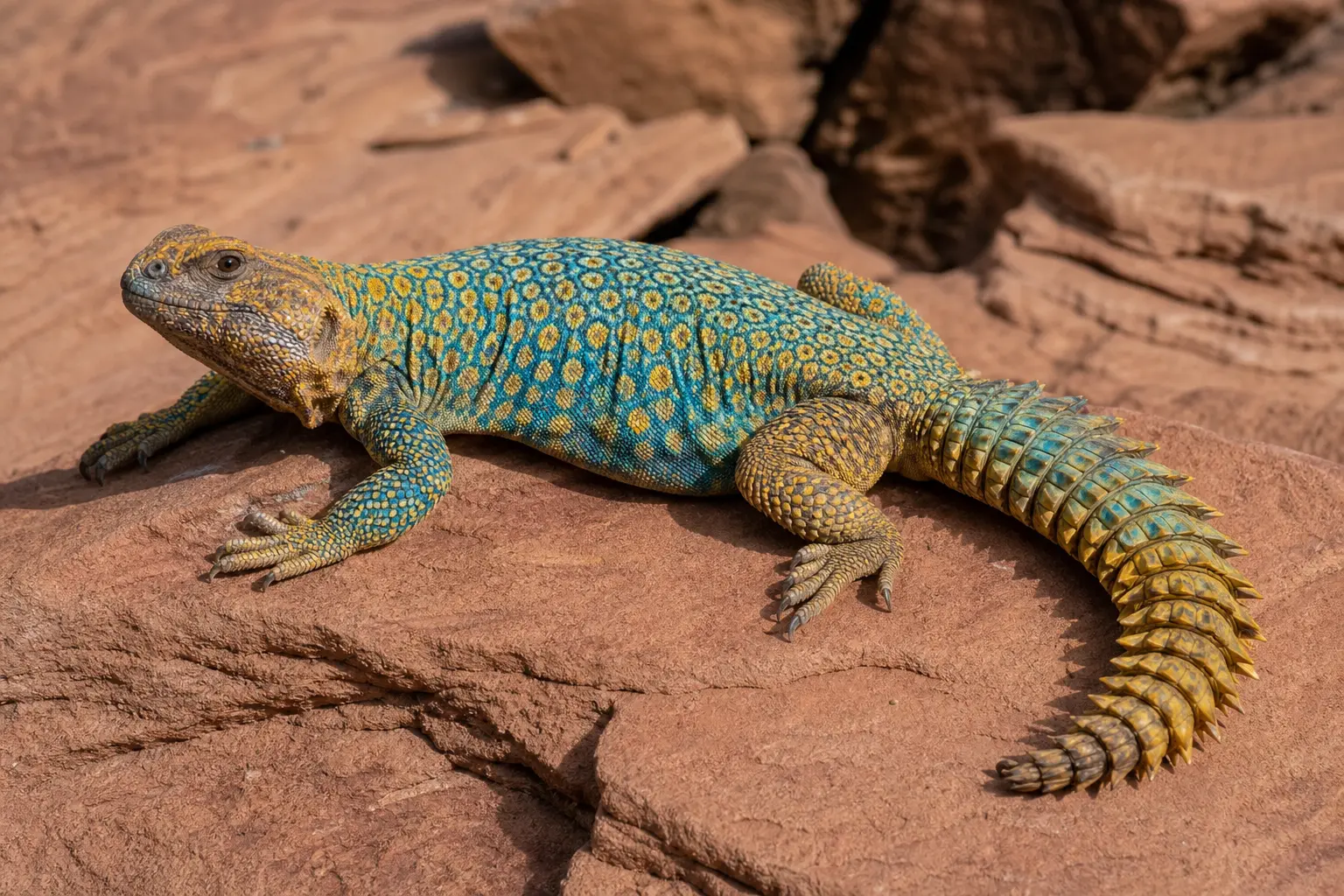 Adult male ornate uromastyx basking on Sinai sandstone with its complete turquoise-and-yellow patterned body, broad head, and ringed spiny tail in view.