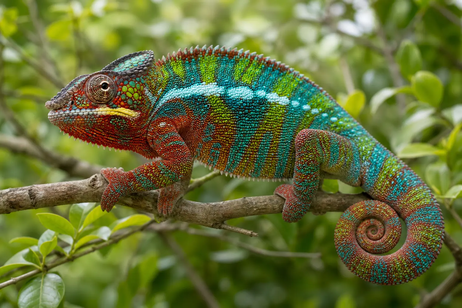 Adult male panther chameleon gripping a leafy branch with its naturally colourful granular body, turret eye, specialised feet, and coiled tail in clear view.