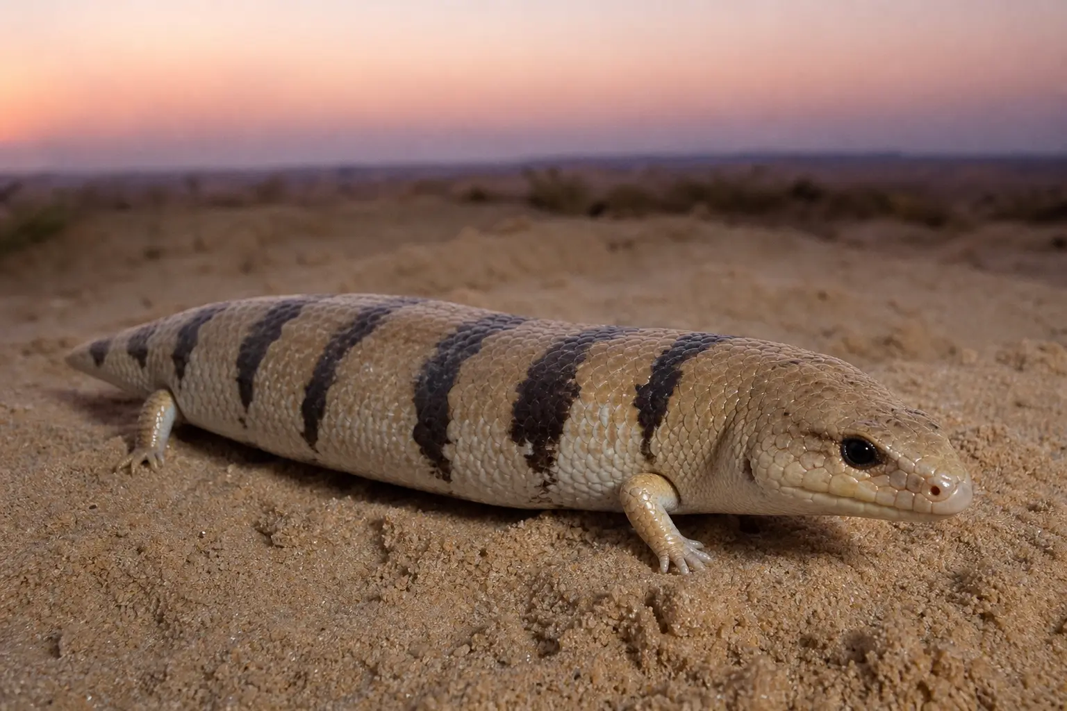 Adult Peter's banded skink emerging from Saharan sand with its complete stout pale body, broad dark bands, tiny limbs, and blunt head in clear view.