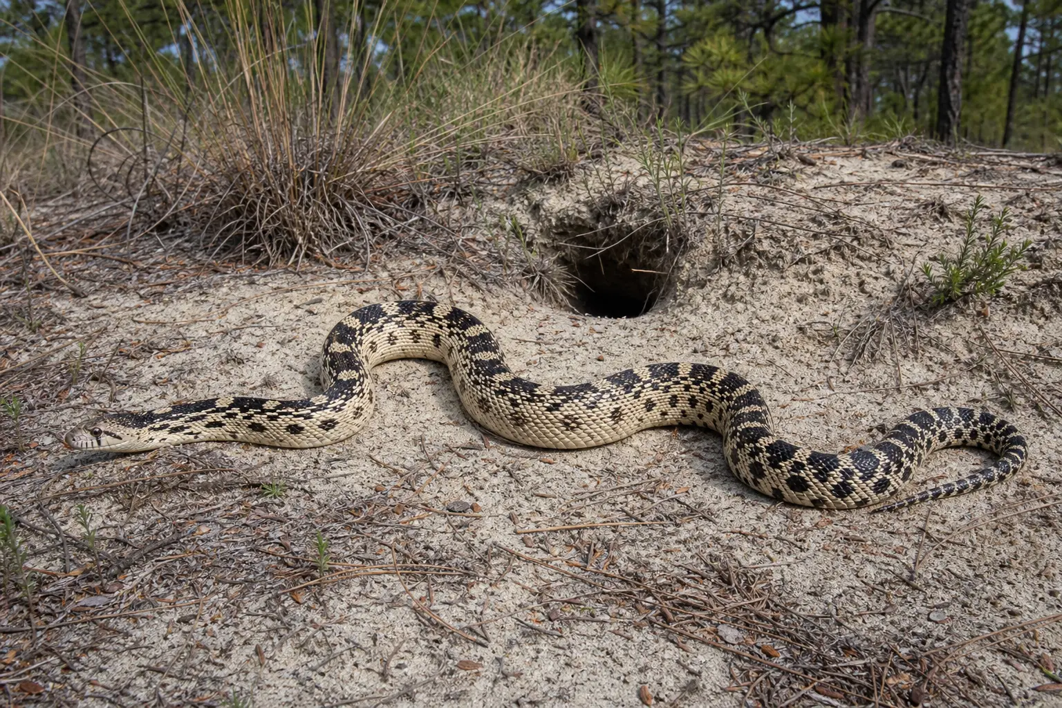 Adult pine snake beside a sandy pine-barrens burrow with its complete cream-and-black blotched body and strong head in clear view.