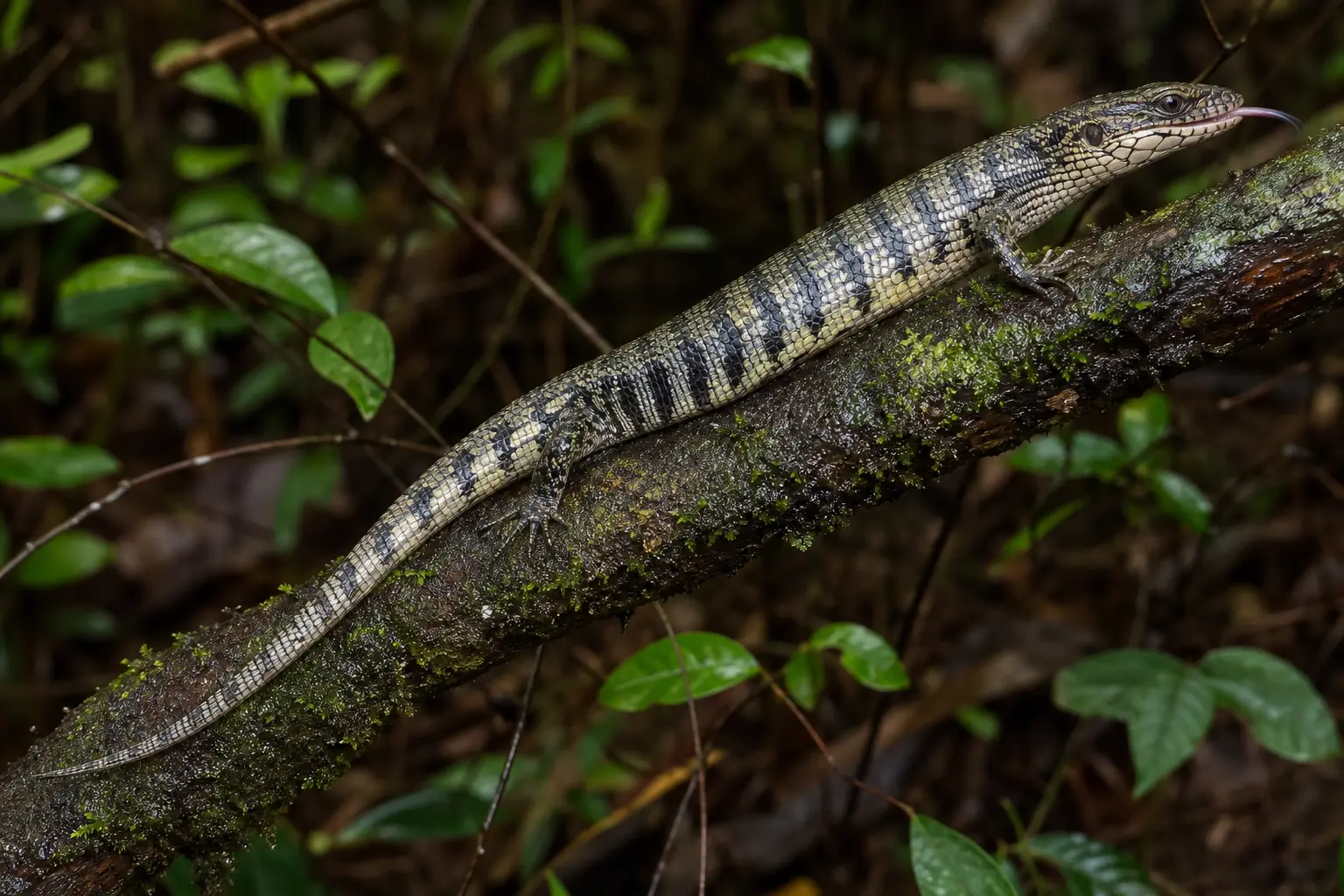 Adult pink-tongued skink climbing a wet-forest branch with its complete slender banded body, long tail, and pink tongue in clear view.