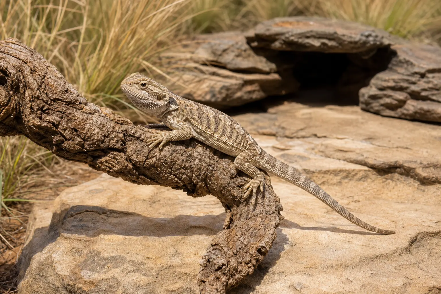Adult Rankin's dragon climbing a stable low cork branch above sandstone, with its full body, bright eye, and intact tail clearly visible.