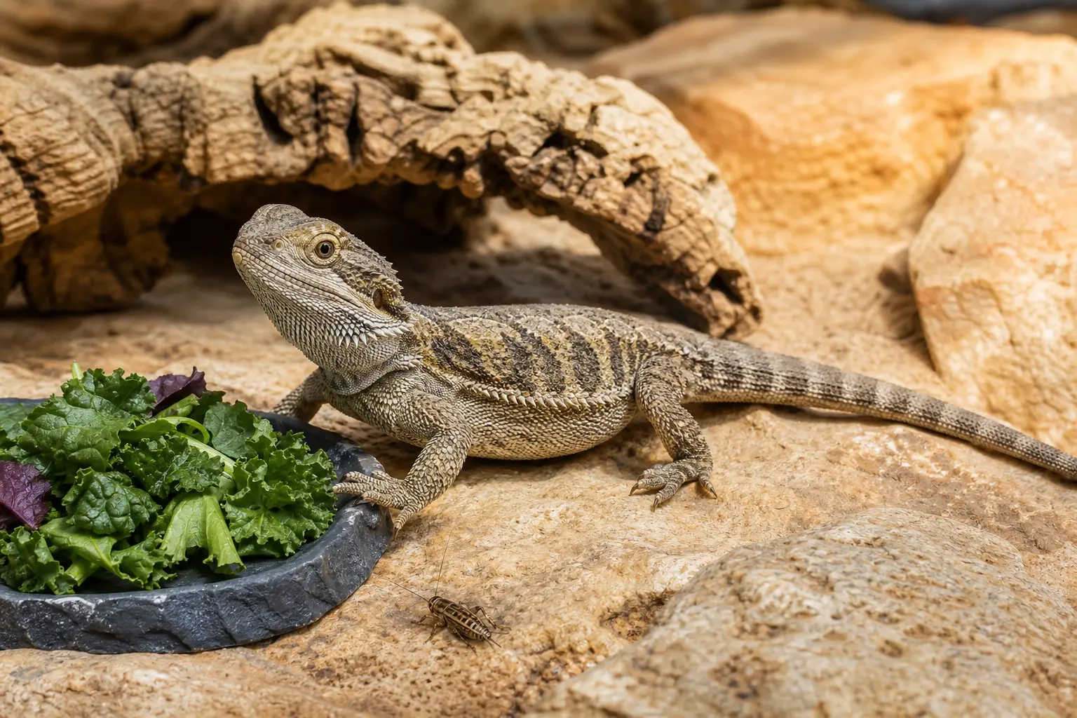 Adult Rankin's dragon beside a shallow slate dish of fresh leafy greens and one appropriately sized feeder insect in a bright naturalistic enclosure.