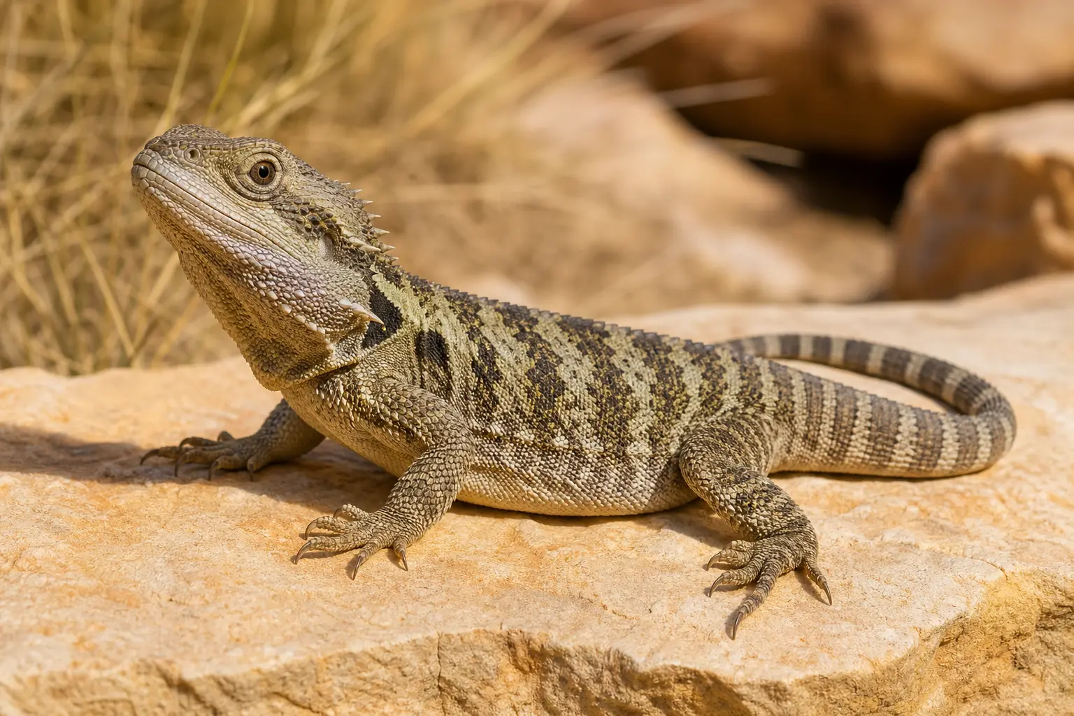 Adult Rankin's dragon resting alertly on warm sandstone with its compact body, subtle beard, round pupil, clawed toes, and intact tail in clear view.