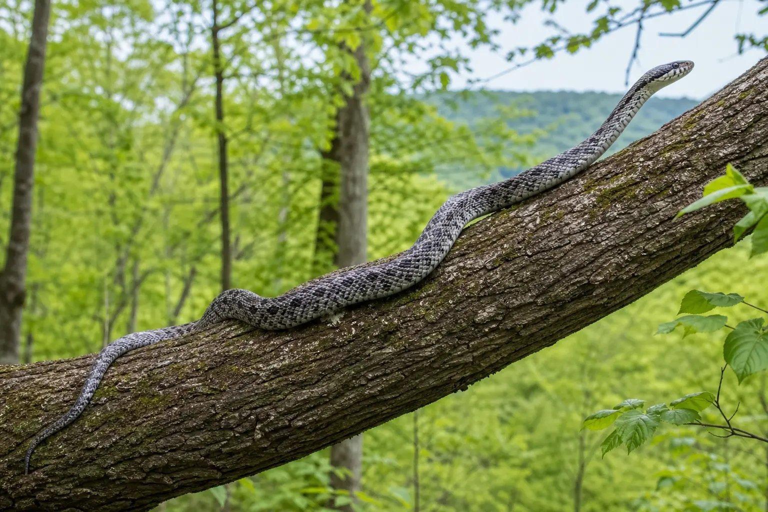 Adult gray rat snake representing the diverse pet rat-snake group, climbing a hardwood branch with its complete gray blotched body and alert head in clear view.