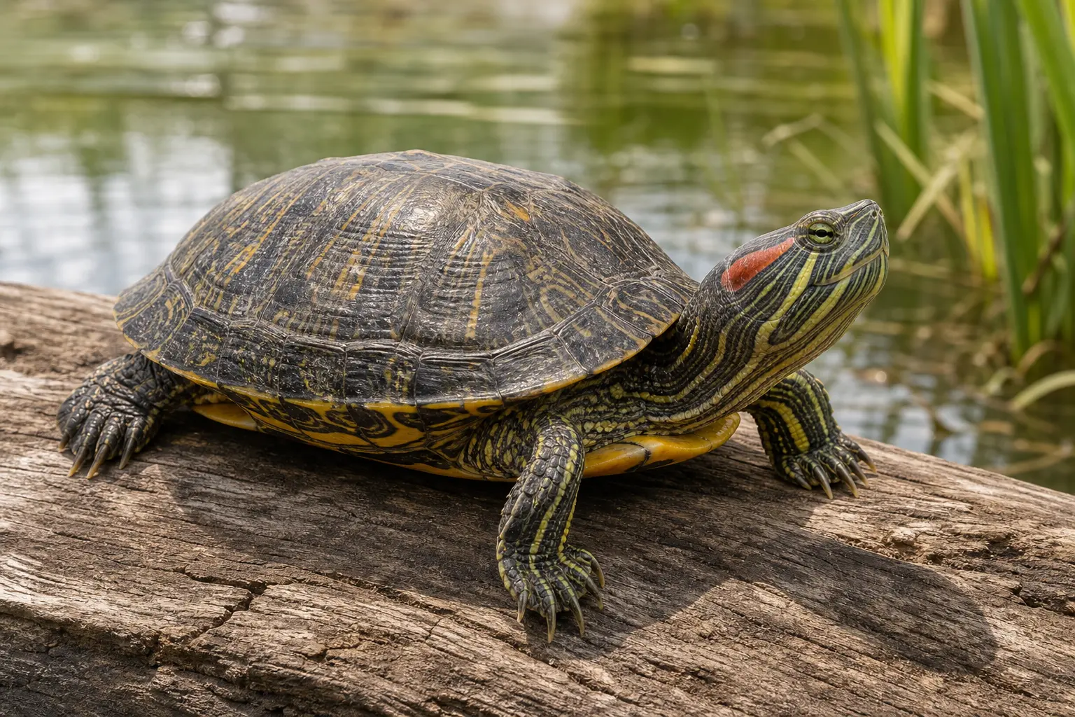 Adult red-eared slider basking completely out of the water with its oval patterned shell, striped face and limbs, and distinct red ear patch in clear view.