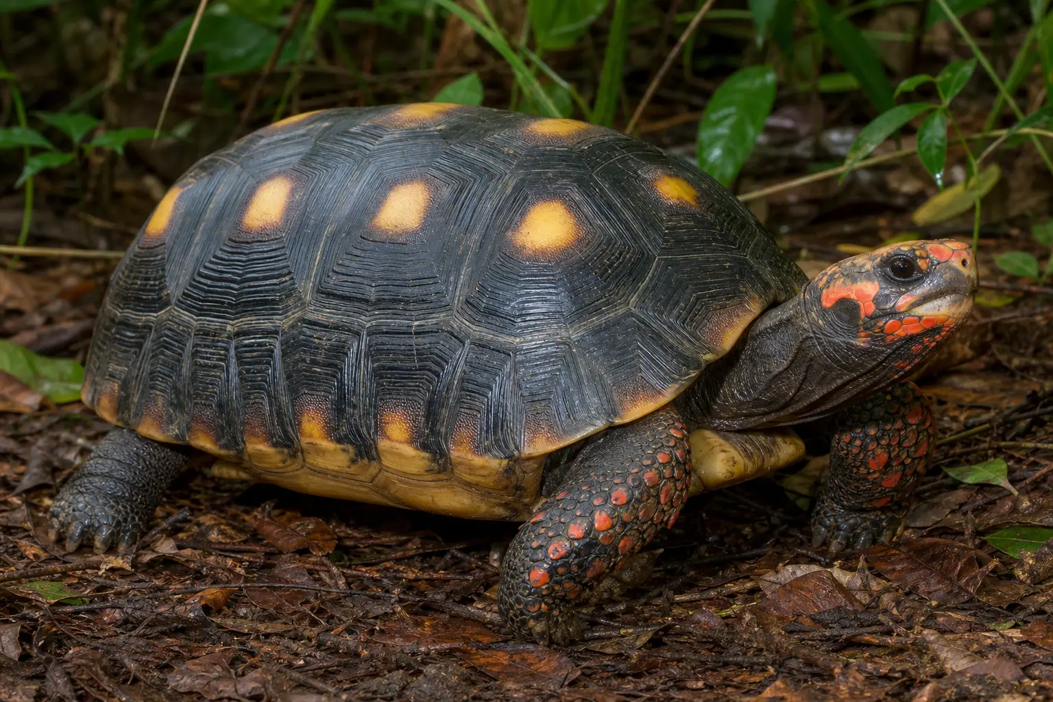 Adult red-footed tortoise on South American forest litter with its complete dark shell, yellow scute centres, and vivid red-orange head and leg scales in view.