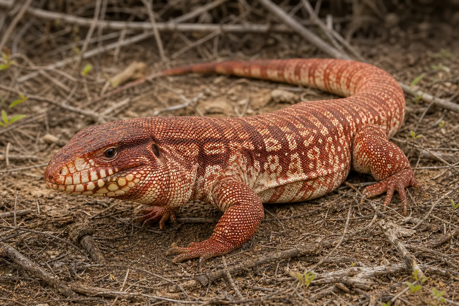 Adult red tegu on Gran Chaco ground with its complete rust-red and cream patterned body, broad jowled head, muscular limbs, and long thick tail in view.