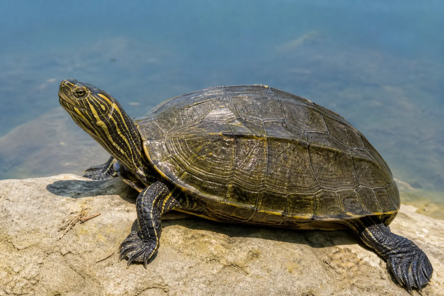 Adult Reeve's turtle basking beside an East Asian pond with its complete dark olive shell, three lengthwise keels, yellow-striped head, and webbed feet in view.