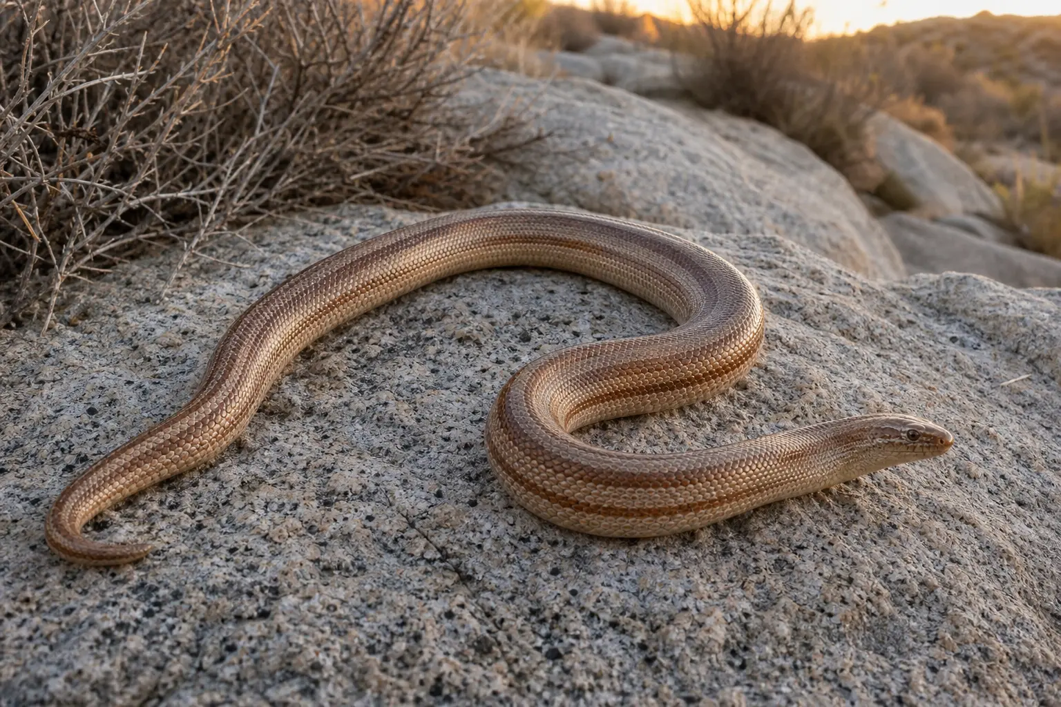 Adult rosy boa resting across pale desert granite with its complete sturdy gray-tan body, three muted rosy stripes, and small blunt head in clear view.