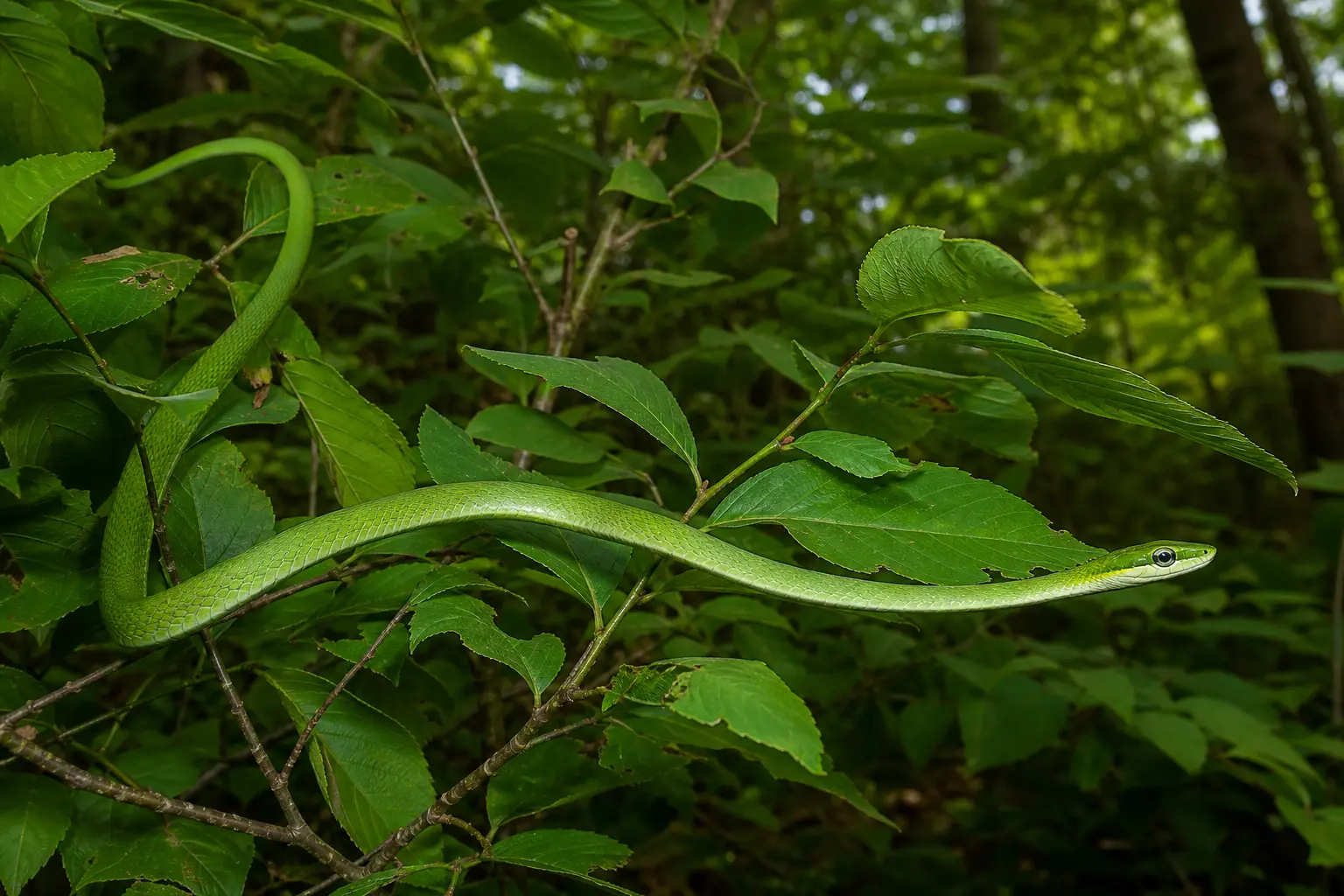 Adult rough green snake threading through leafy shrubs with its complete leaf-green keeled body and delicate head in clear view.