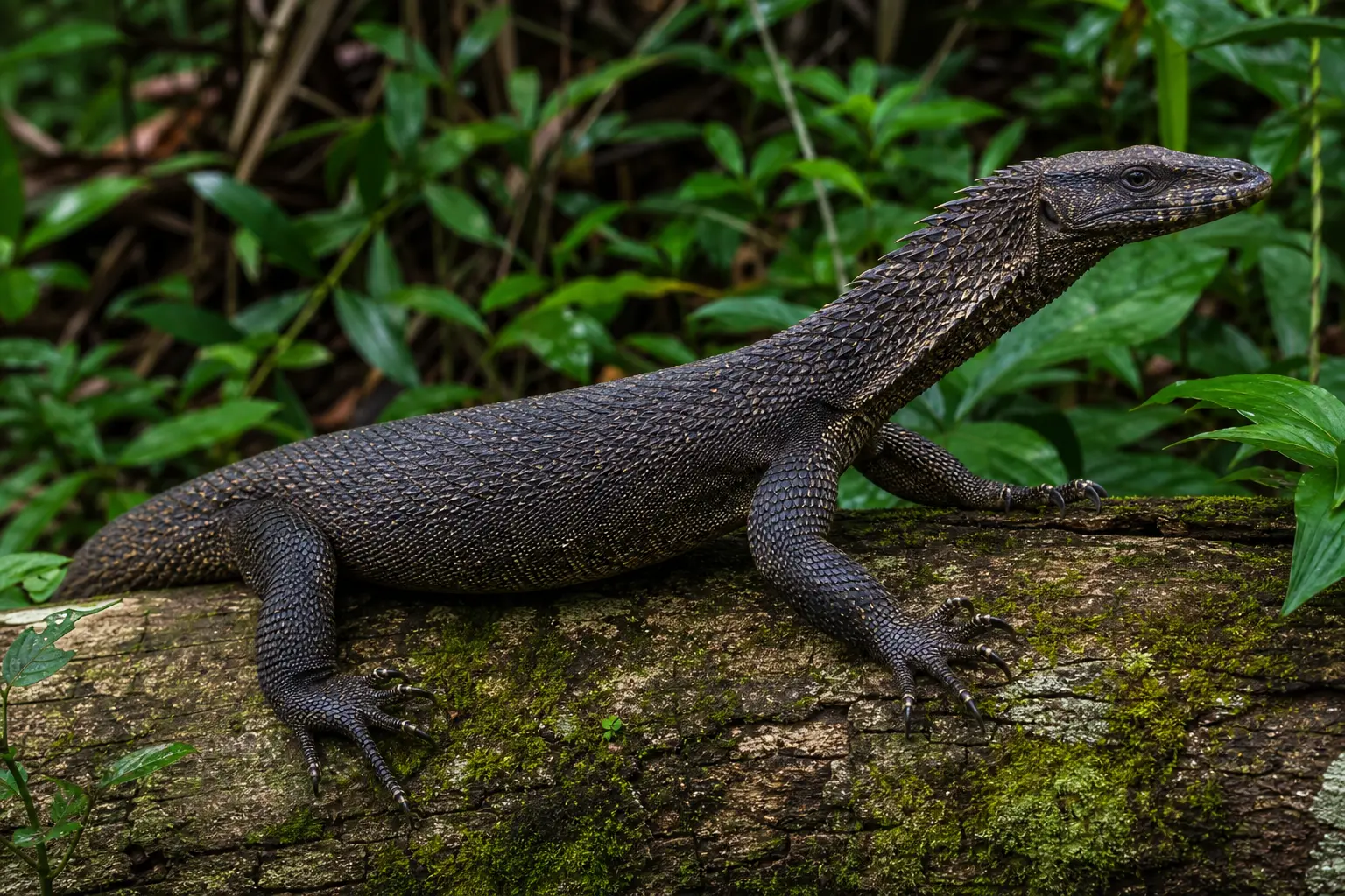 Adult rough-necked monitor on a Malaysian rainforest log with its complete dark body, elongated pointed neck scales, long head, strong claws, and long tail in view.
