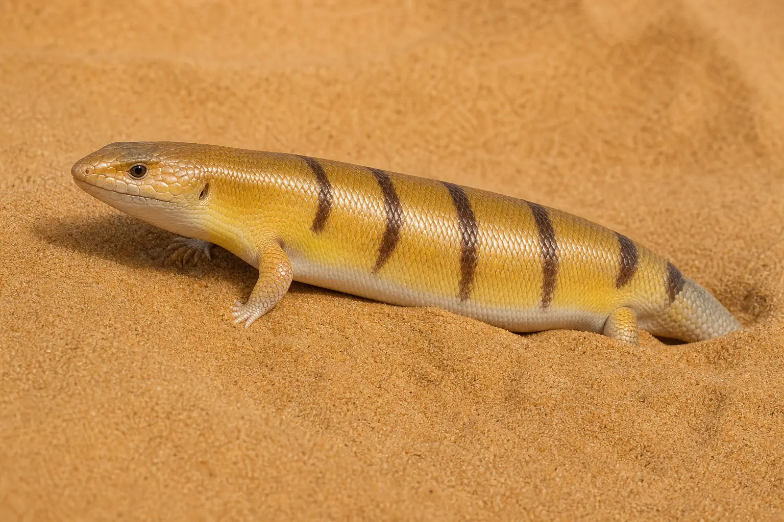 Adult sandfish skink emerging from Sahara sand with its complete golden banded body, wedge-shaped snout, small fringed feet, and short tail in view.