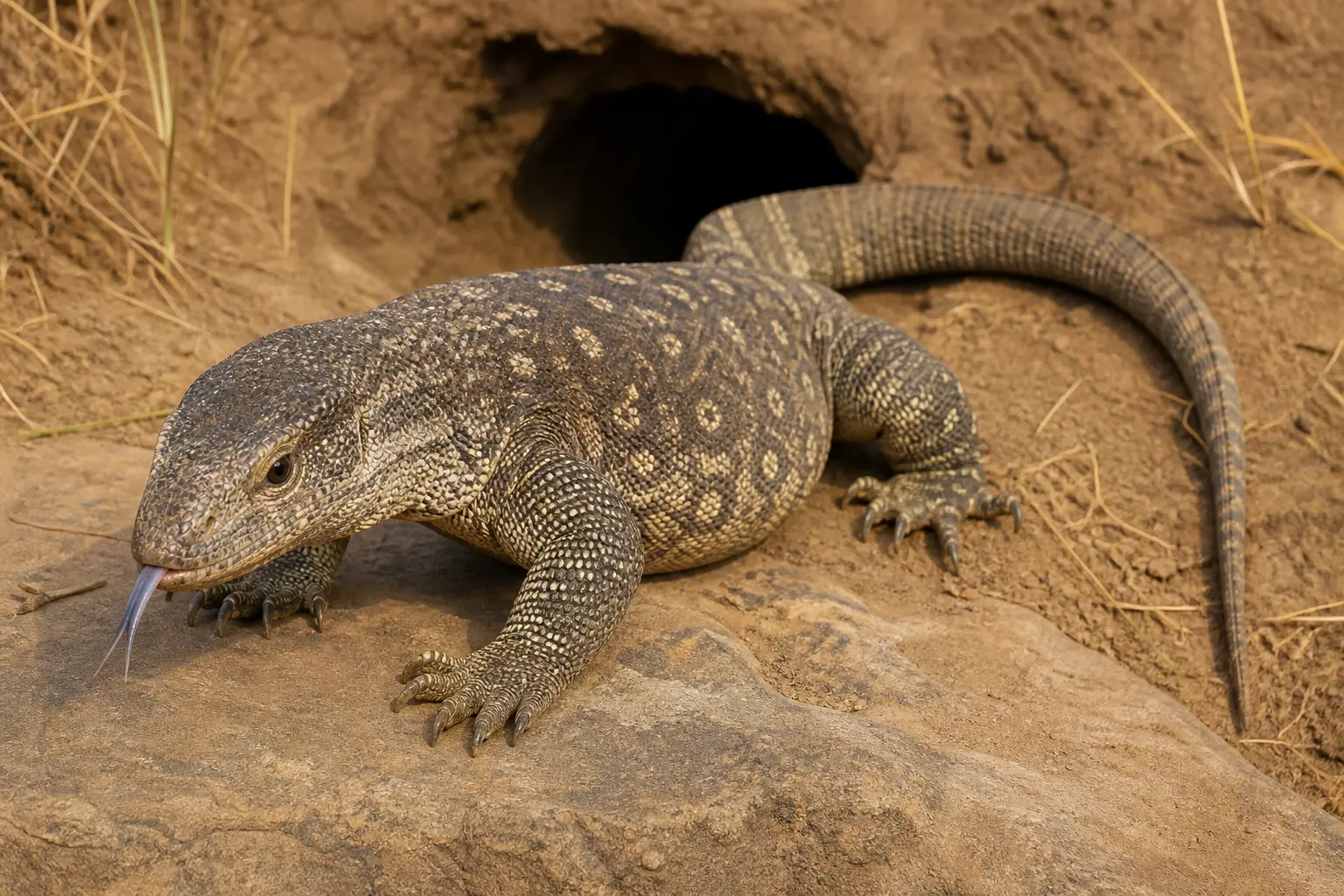 Adult savannah monitor exploring firm earth beside a burrow with its broad head, stout body, powerful limbs, long tail, and forked tongue in clear view.