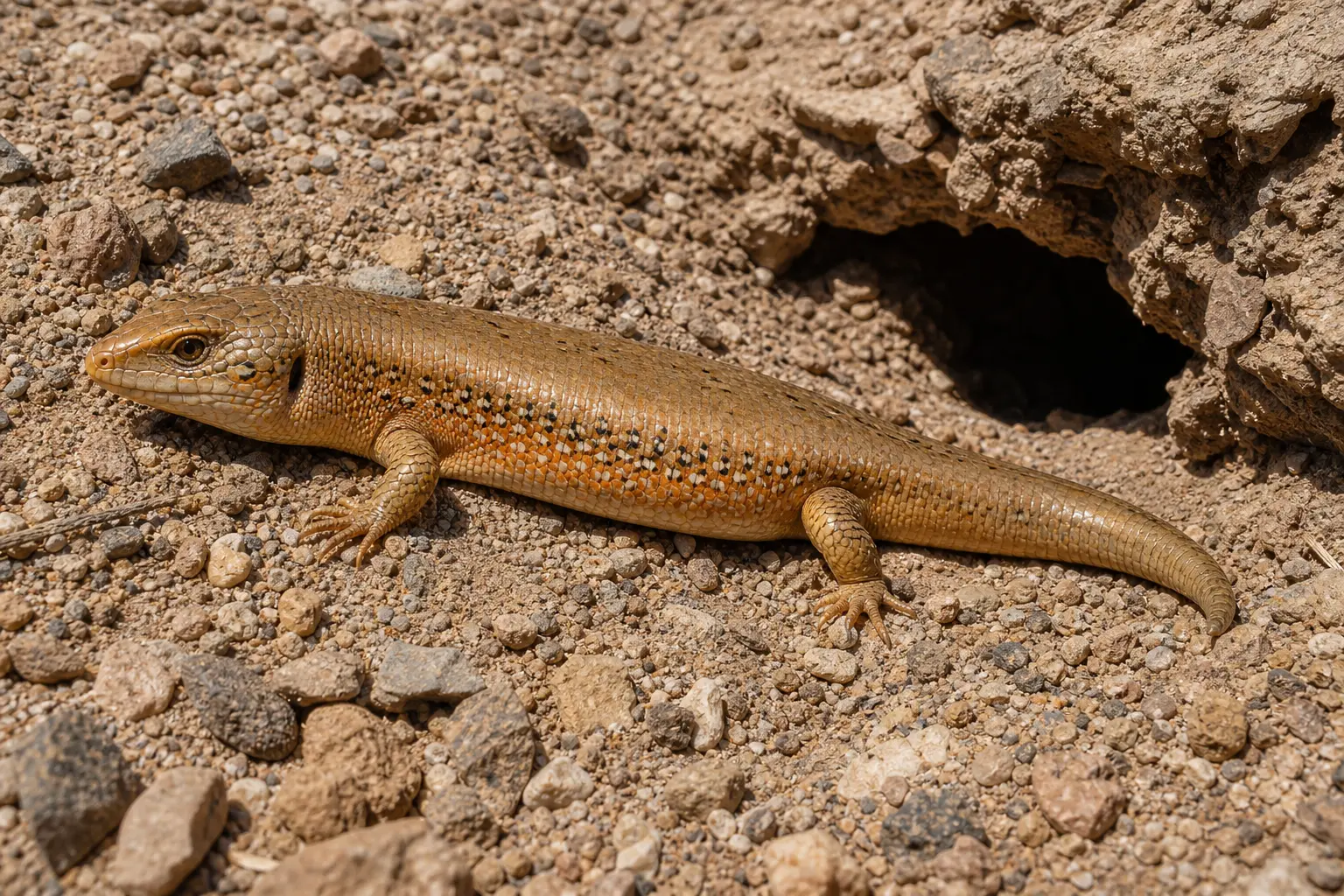 Adult Schneider's skink beside a North African burrow with its complete golden-tan body, orange sides, small limbs, and clear head in view.