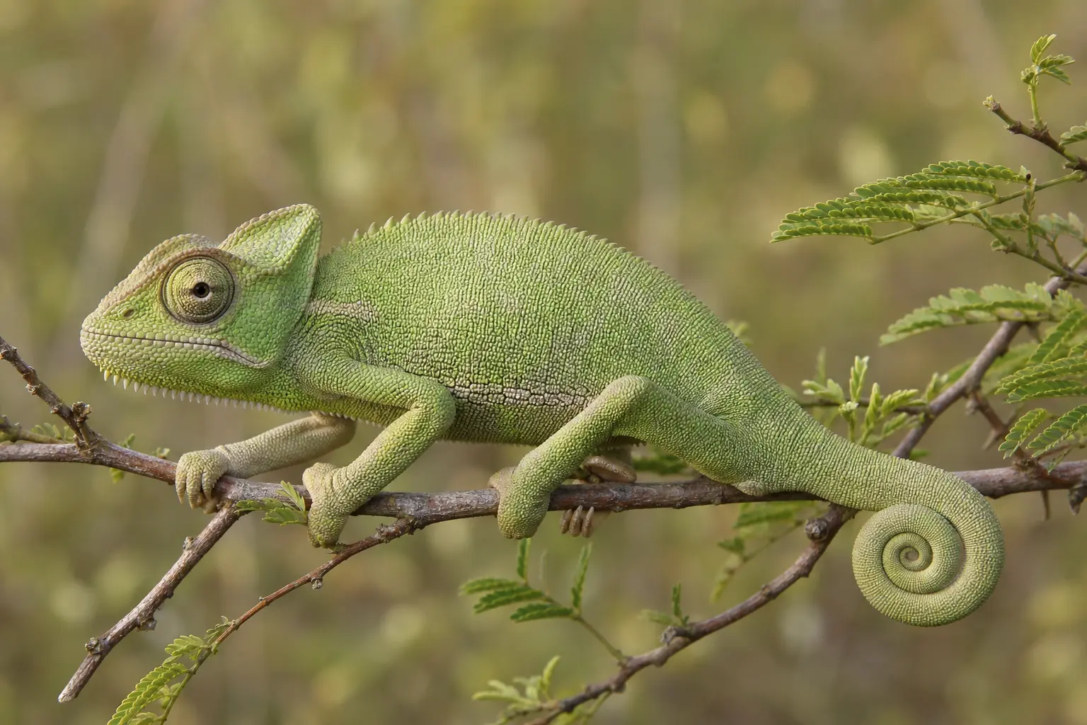 Adult Senegal chameleon on a West African savanna shrub with its complete green body, low casque, gripping feet, watchful eye, and coiled tail in view.