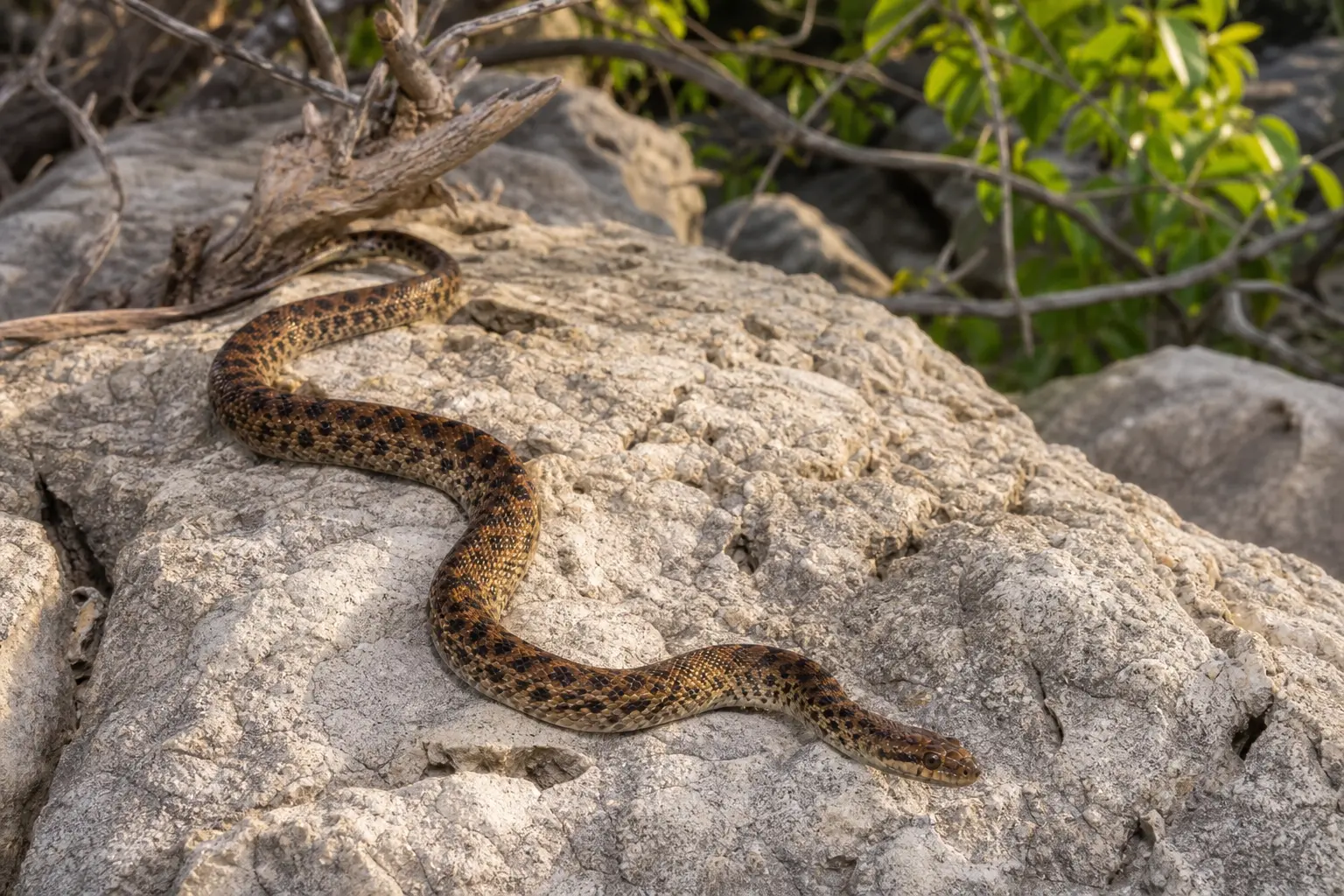 Adult spotted python moving over northern Australian limestone with its complete small brown blotched body and clear head in view.