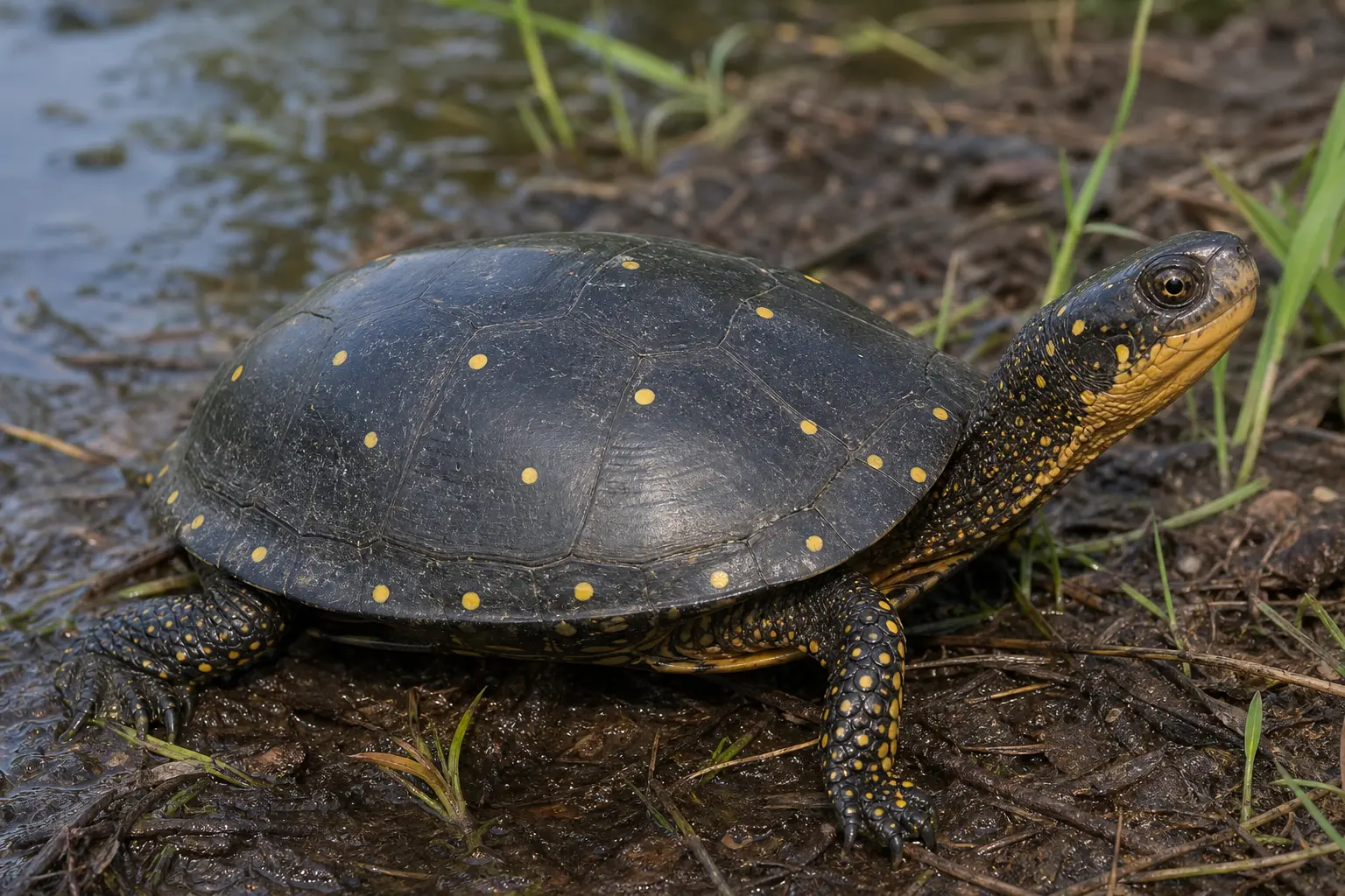 Adult spotted turtle at a shallow woodland wetland with its complete smooth black shell, round yellow spots, yellow-dotted head and legs, and warm chin in view.