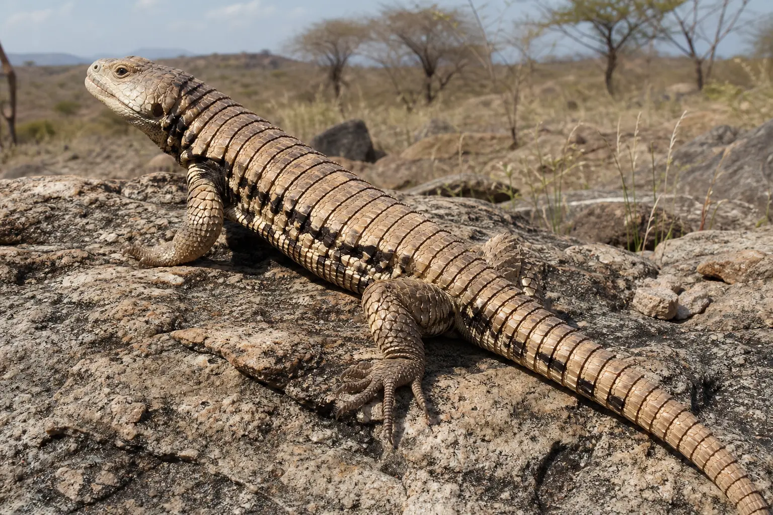 Adult Sudan plated lizard on East African rock with its complete robust tan body, large rectangular armor-like scales, dark side bands, strong limbs, and long tail in view.