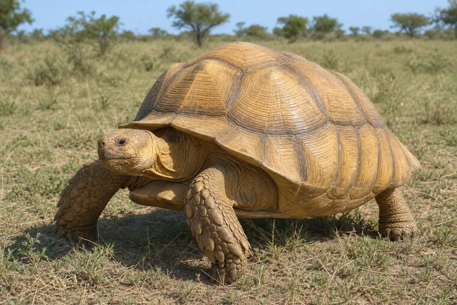 Massive adult sulcata tortoise on Sahel grassland with its complete sandy domed shell, broad head, heavy elephantine legs, and large spurs in view.