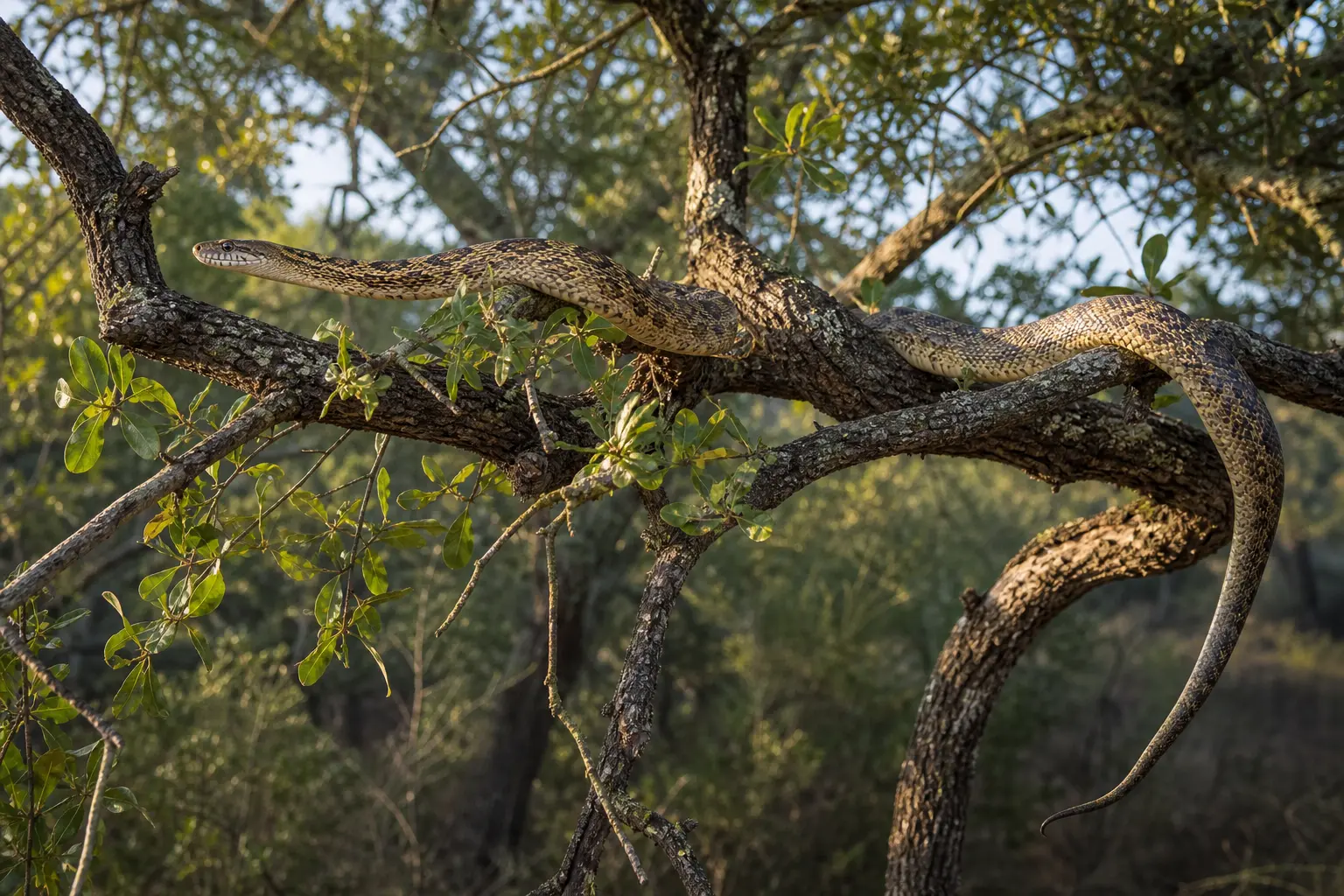 Adult Texas rat snake climbing live-oak branches with its complete yellow-tan patterned body, gray-brown head, and long tail in clear view.