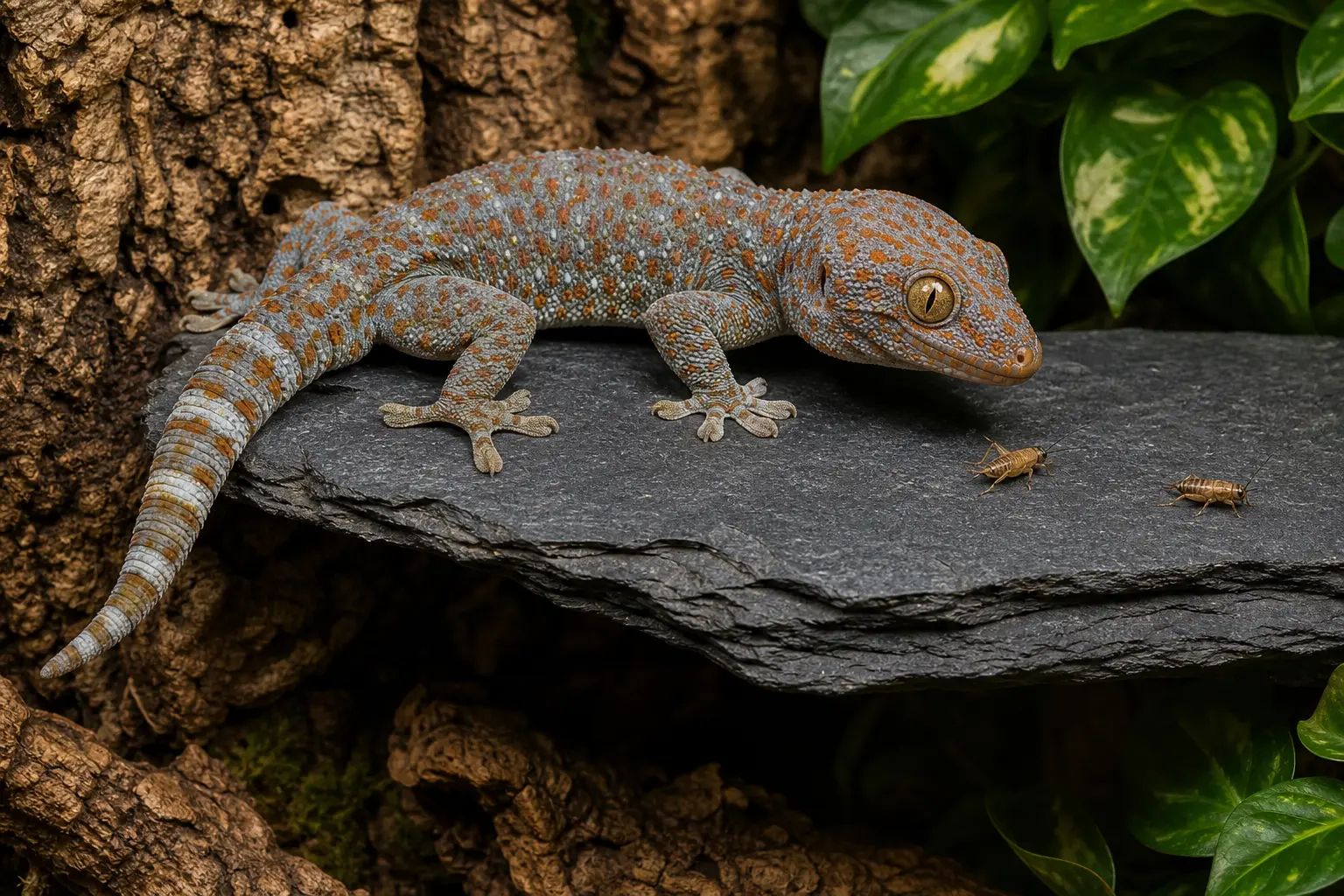 Adult Tokay gecko watching two appropriately sized feeder insects on a slate ledge inside a densely furnished climbing enclosure.