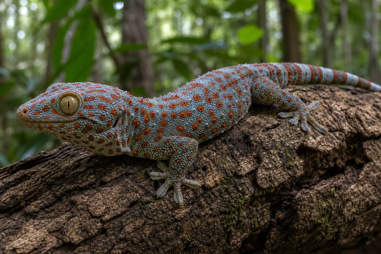 Adult Tokay gecko resting alertly on cork with its blue-grey body, orange spots, broad toe pads, golden eye, and intact tail in clear view.