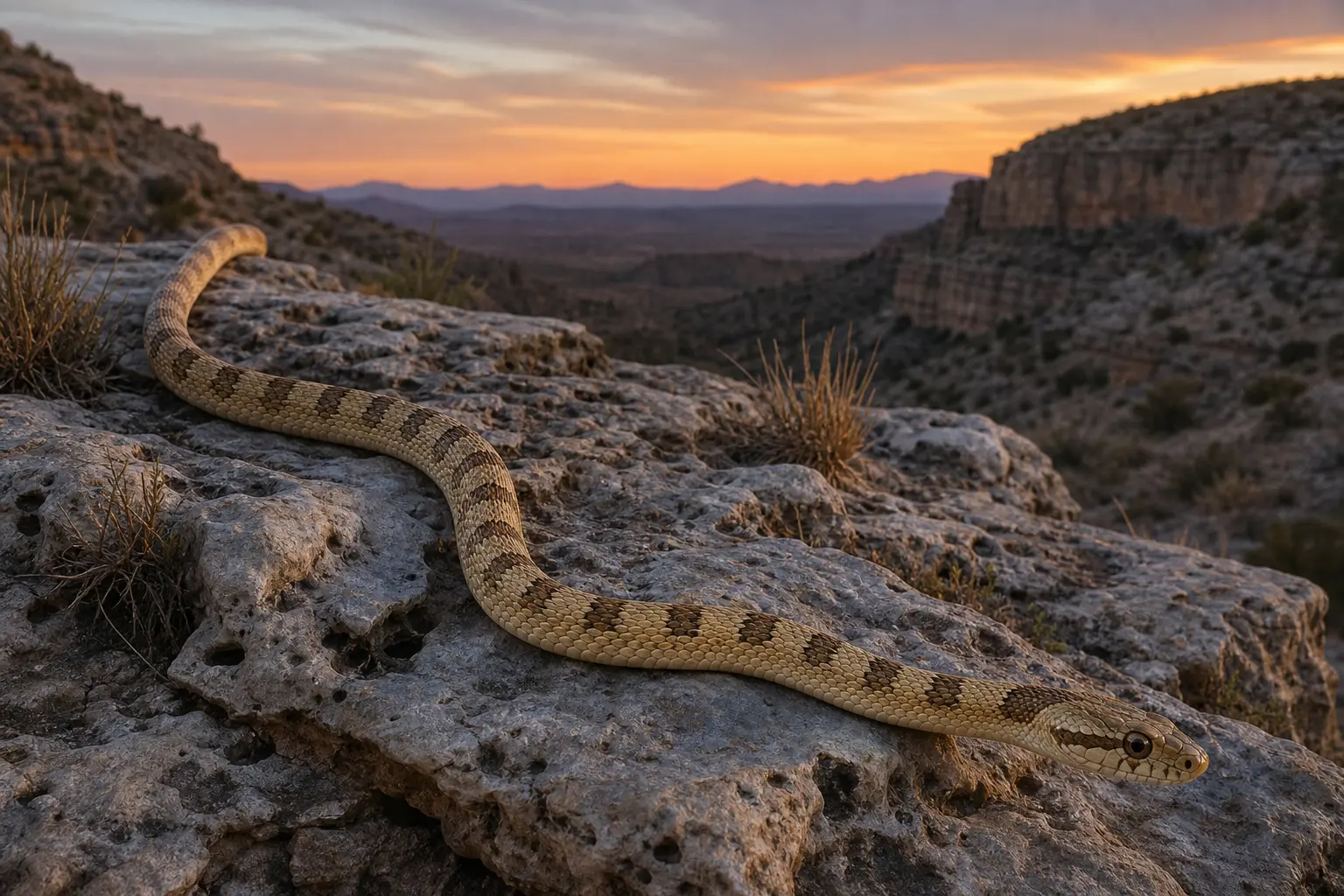 Adult Trans-Pecos rat snake crossing West Texas limestone at dusk with its complete pale straw body, neat brown blotches, large eyes, and distinct head in clear view.