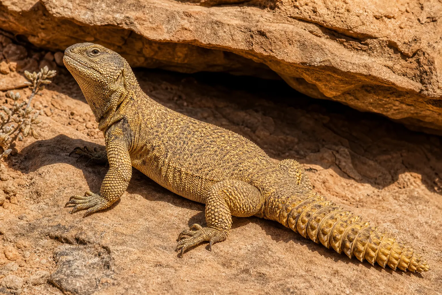 Adult Moroccan spiny-tailed lizard representing the pet uromastyx group, basking beside a rocky retreat with its sturdy body and complete whorled tail in clear view.