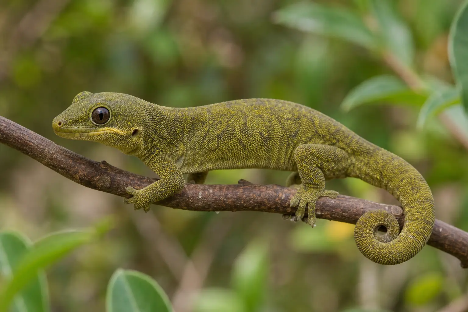 Adult Vieillard's chameleon gecko on a New Caledonian shrub branch with its complete olive-green granular body, blunt head, large dark eye, short mouth stripe, and curled prehensile tail in view.