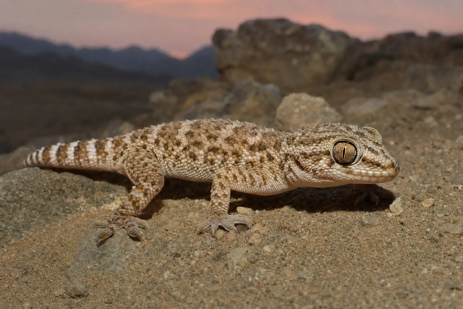 Adult viper gecko on Pakistan desert gravel with its complete small sandy-brown mosaic body, huge golden eyes, short legs, and banded tail in close view.