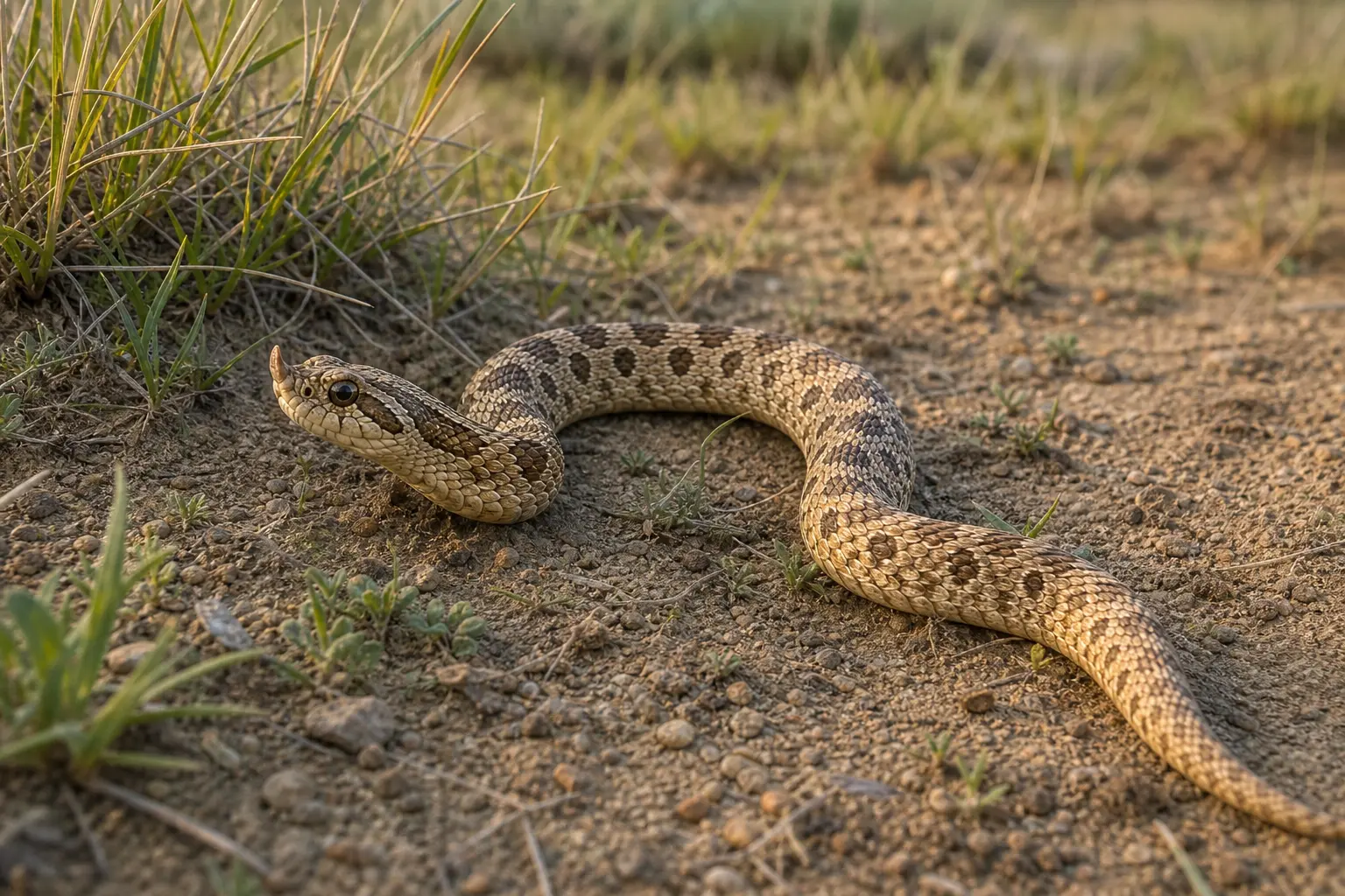 Adult western hognose snake exploring prairie soil with its complete sandy blotched body and distinctive upturned snout in clear view.