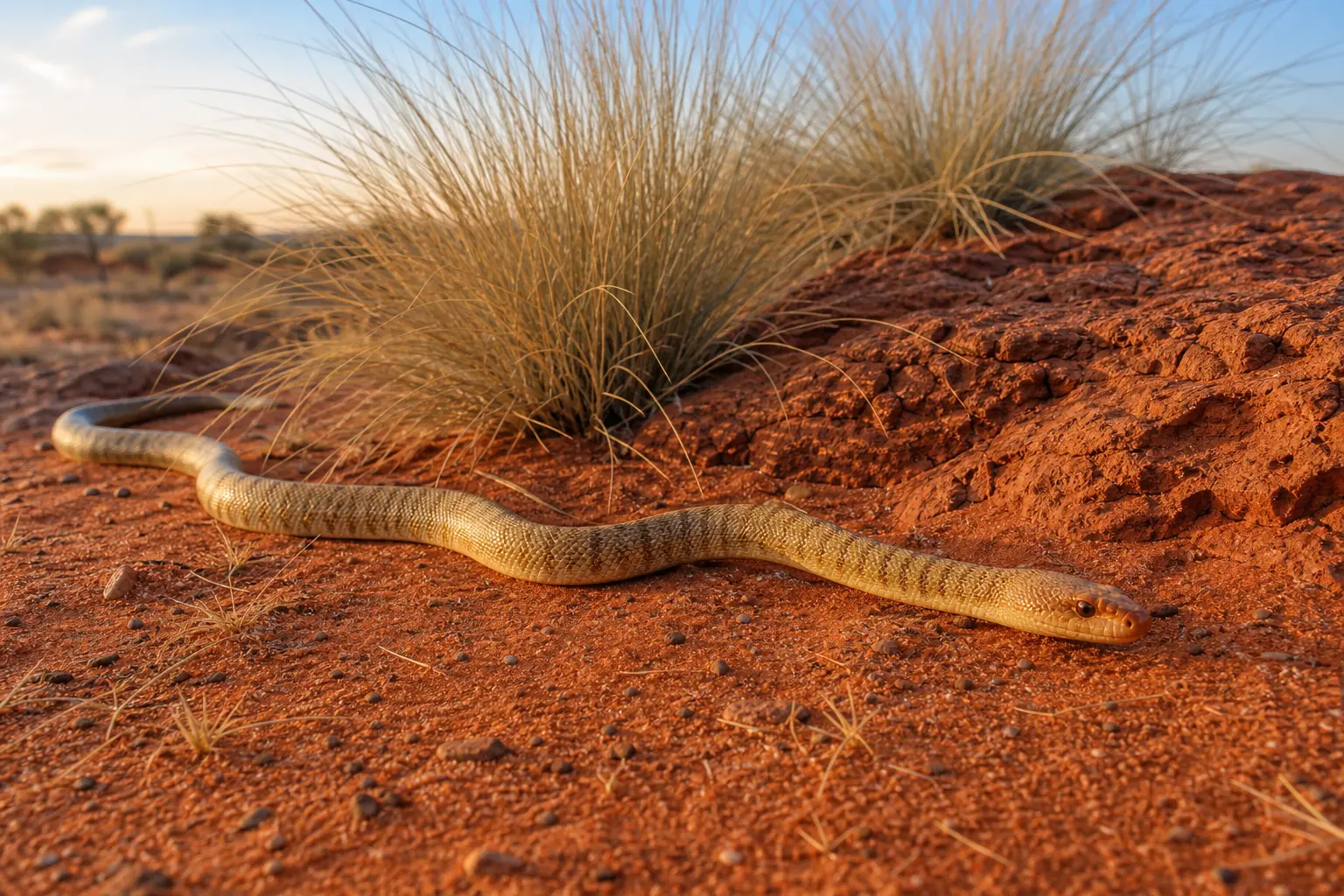 Adult woma python crossing red Australian desert soil with its complete tan-gold banded body and narrow orange-brown head in clear view.