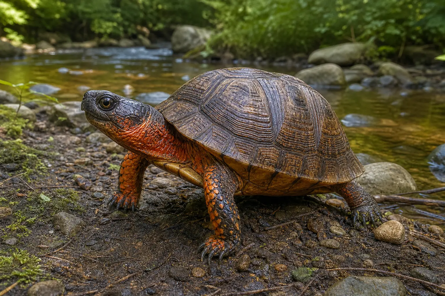 Adult wood turtle beside a forest stream with its complete deeply sculpted brown shell, dark head, and vivid orange-red neck and legs in view.