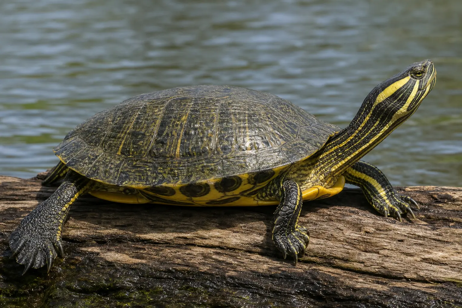 Adult yellow-bellied slider basking on a pond log with its complete olive shell, broad yellow cheek patch, striped head and neck, and webbed feet in view.