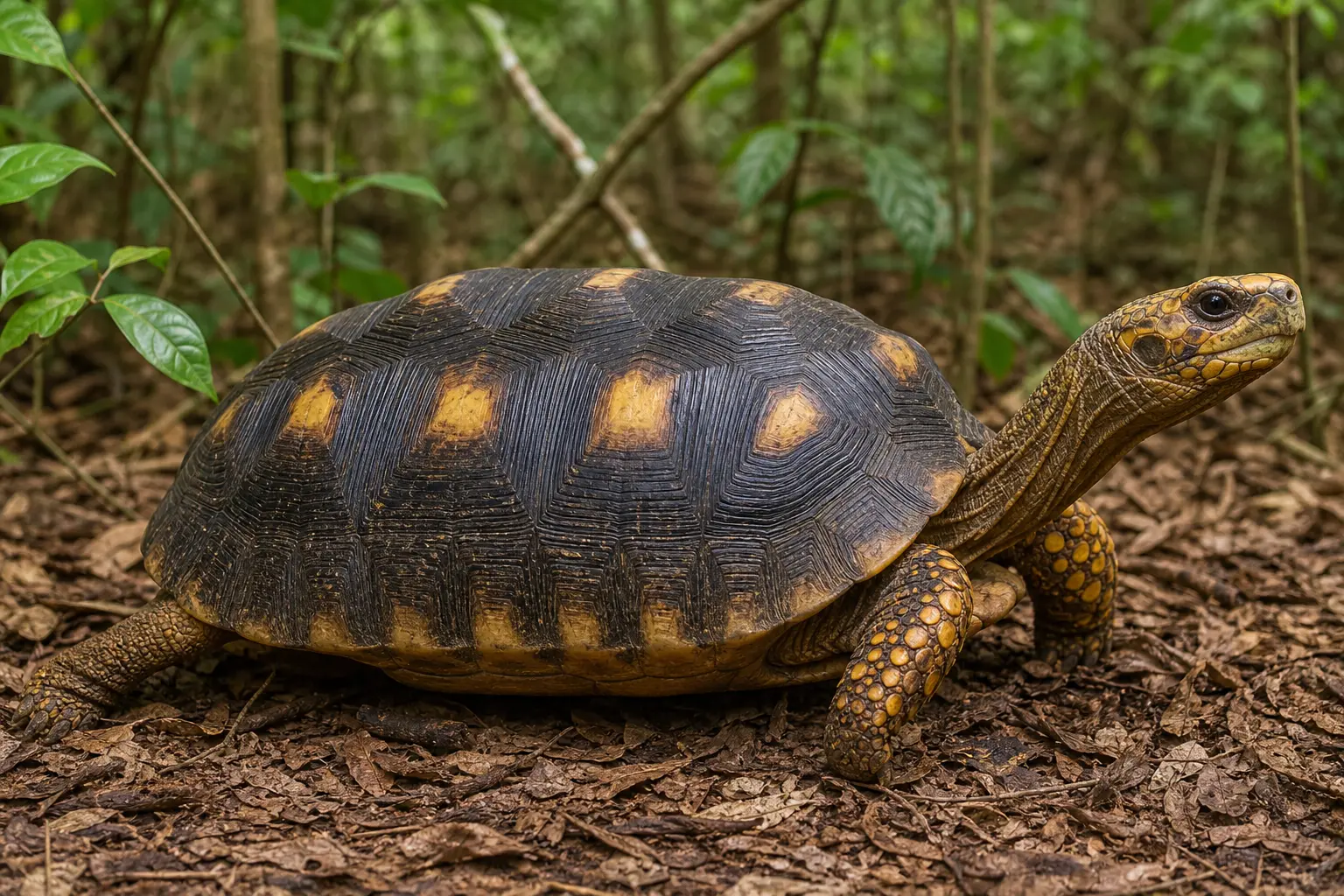 Adult yellow-footed tortoise on Amazon forest litter with its complete elongated dark shell, yellow scute centres, long neck, and yellow-orange leg scales in view.