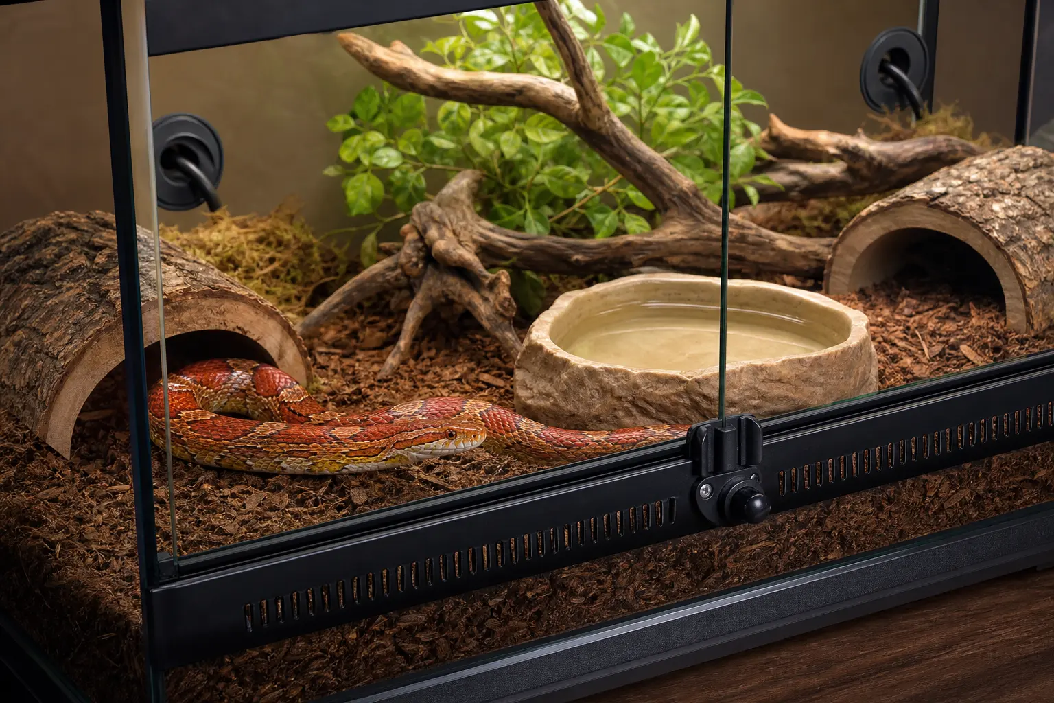 Adult corn snake exploring a secure enclosure with two hides, branches, deep substrate, ventilation, and a heavy water bowl.
