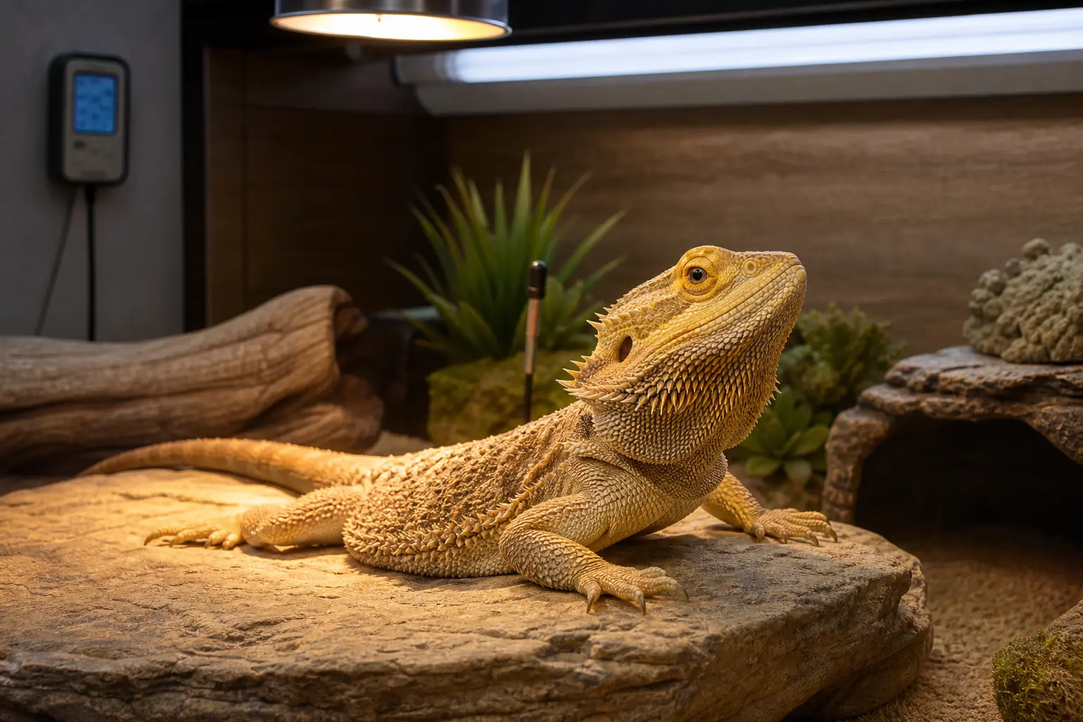 Adult bearded dragon basking beneath heat and linear UVB with a shaded hide, thermostat, and fixed temperature probes.