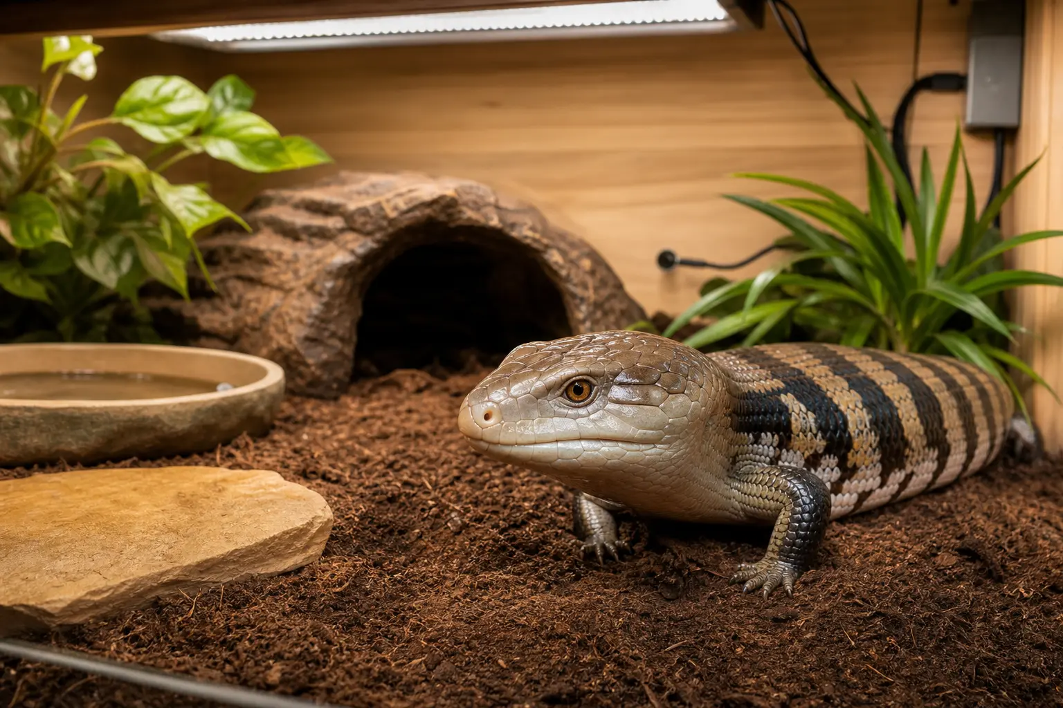 Adult blue-tongued skink in a complete habitat with a hide, water, basking stone, lighting, and discreet controls.