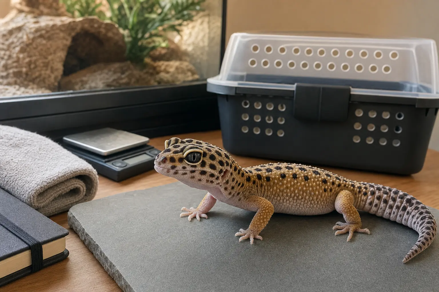 Adult leopard gecko beside a secure ventilated carrier, gram scale, folded towel, and closed care notebook.