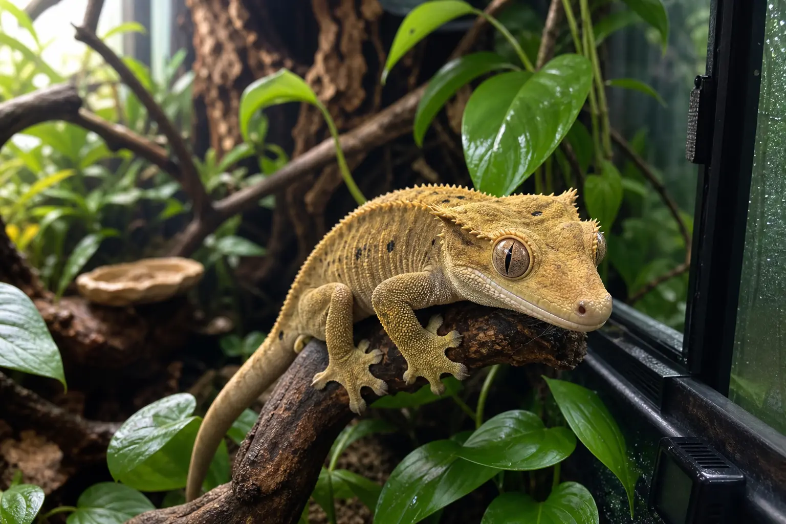 Adult crested gecko in a planted, ventilated habitat with connected branches, water droplets, and a humidity probe.