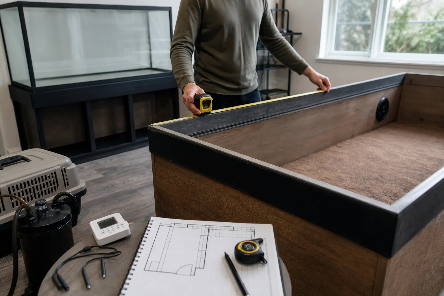 Keeper measuring a large tortoise table beside an aquarium stand, carrier, probes, filter, and floor plan before adoption.