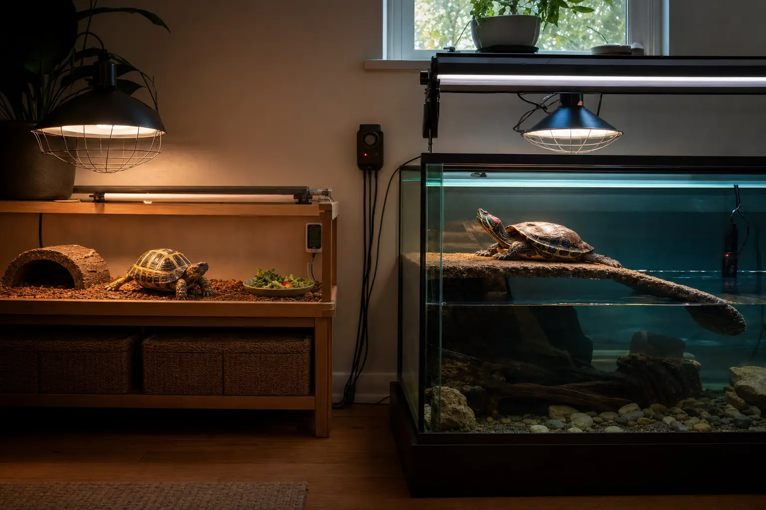 Separate tortoise and aquatic turtle habitats with guarded heat, linear UVB, shade, probes, and a dry basking dock.