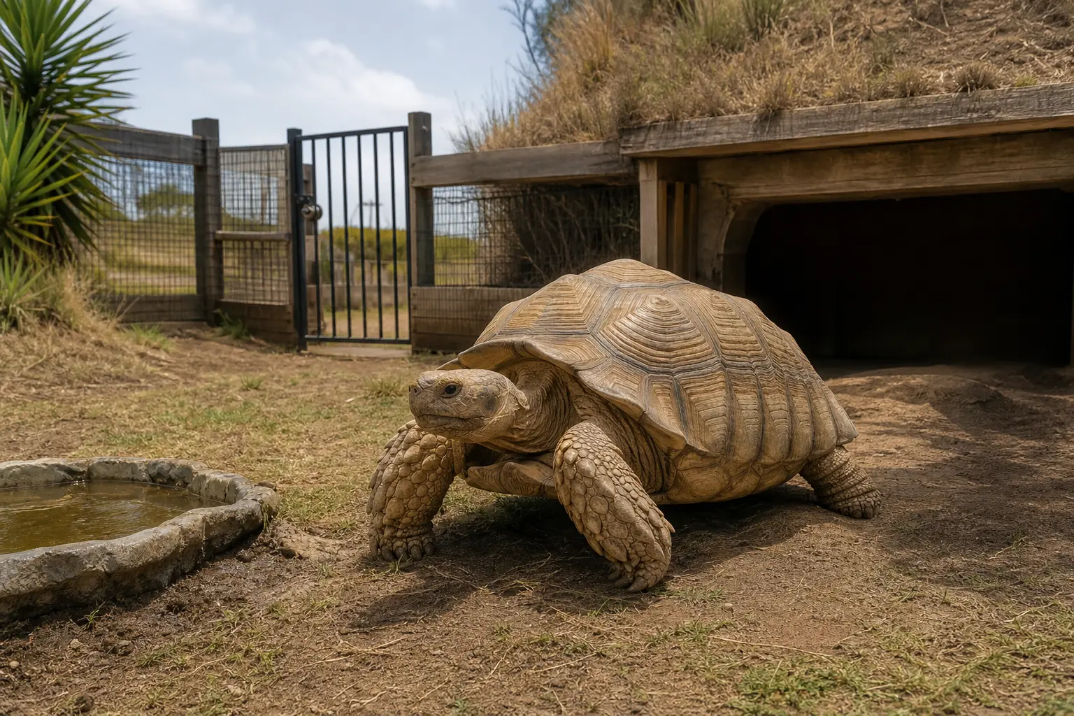 Adult sulcata tortoise in a secure outdoor yard with buried fencing, shade shelter, water, and a strong gate.