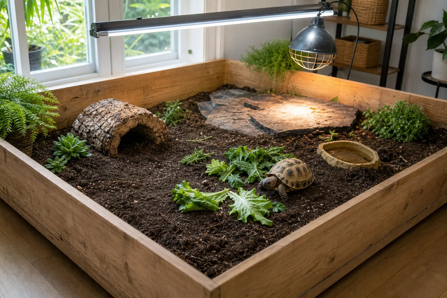 Russian tortoise in a spacious open table with deep soil, hide, greens, water, guarded heat, and linear UVB.