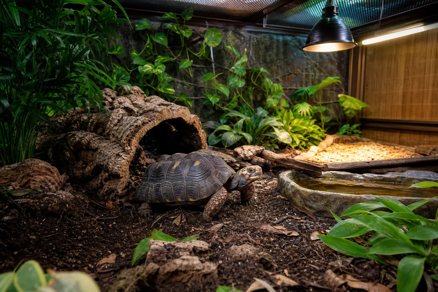 Red-footed tortoise choosing between leafy cover, a cork shelter, water, and an open basking area.