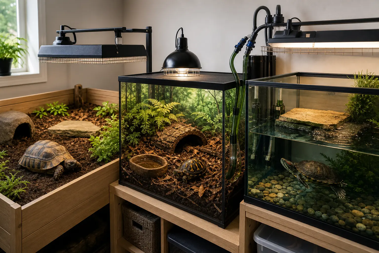 Separate Russian tortoise, box turtle, and red-eared slider habitats showing three different care systems.