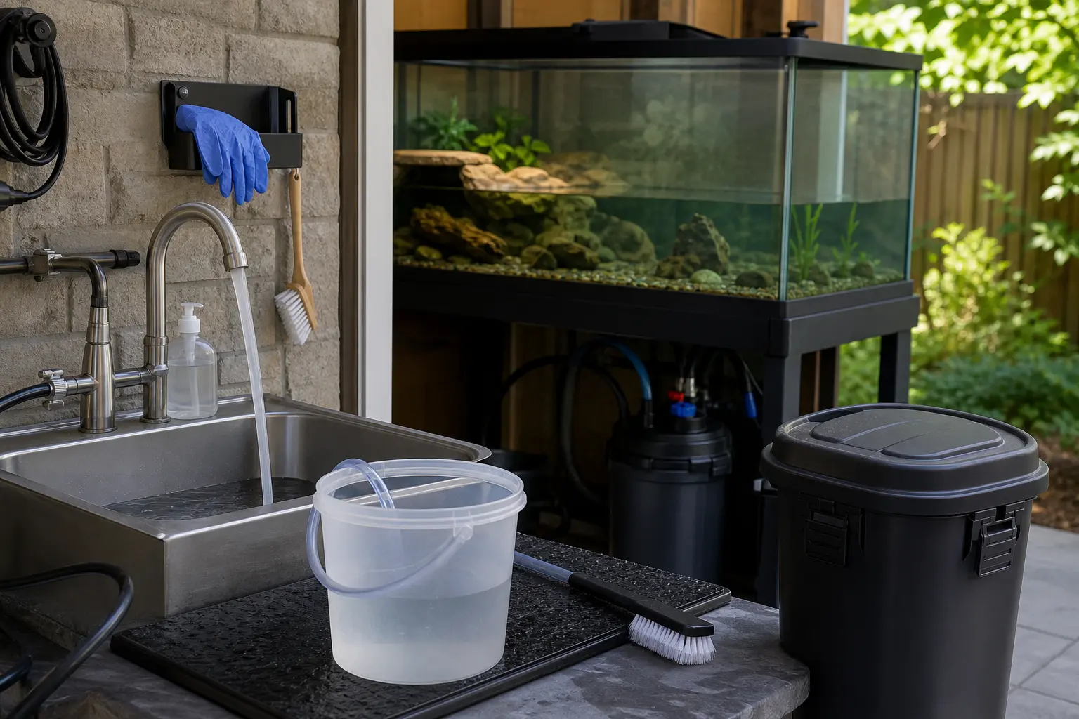 Dedicated outdoor turtle-equipment wash station with reptile-only bucket, siphon, brush, gloves, soap, and filter supplies.